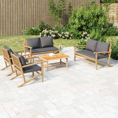 Gartenmöbelset 5-teilig mit grauen Kissen aus Bambus