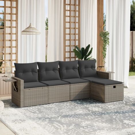 Gartenmöbelset 5-teilig mit grauen Kissen aus Geflecht