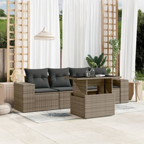 Gartenmöbelset 5-teilig mit grauen Kissen aus geflochtenem Resin