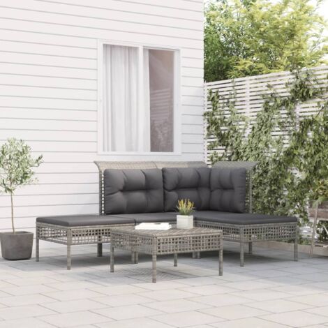 Gartenmöbelset 5-teilig mit Kissen Grau Geflecht