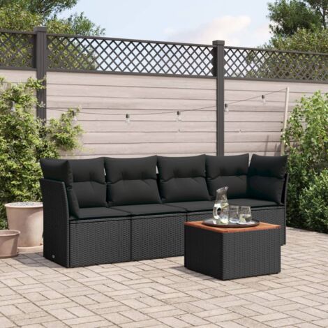 Gartenmöbelset 5-teilig mit schwarzen Kissen aus geflochtener Kunstfaser