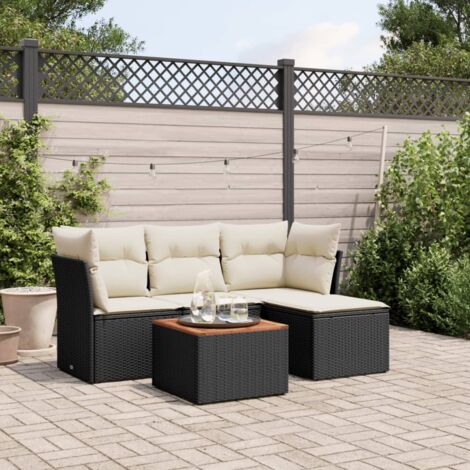 Gartenmöbelset 5-teilig mit schwarzen Kissen aus geflochtener Rattan