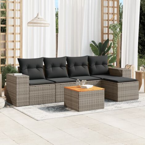 Gartenmöbelset 6 Teile mit grauen Kissen aus geflochtener Kunststoff