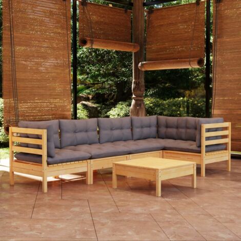 Gartenmöbelset 6 Teile mit grauen Kissen Kiefernholz