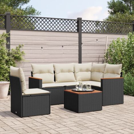 Gartenmöbelset 6 Teile mit Kissen Schwarz aus Geflecht