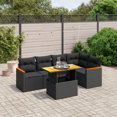 Gartenmöbelset 6 Teile mit Kissen Schwarz Geflecht