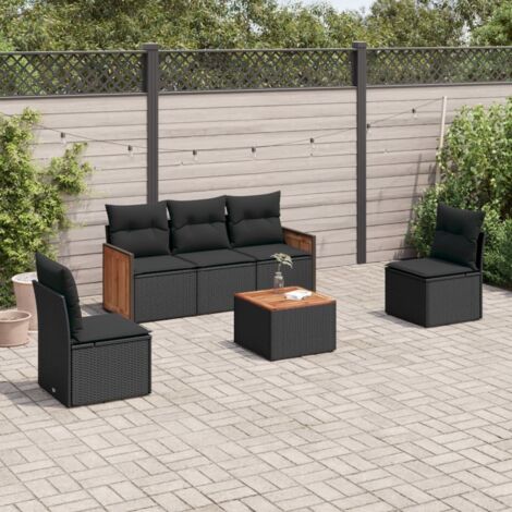 Gartenmöbelset 6 Teile mit Kissen Schwarz Geflochtene Rattan