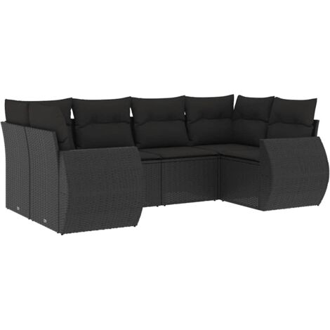 Gartenmöbelset 6 Teile mit Kissen Schwarz Geflochtene Rattan