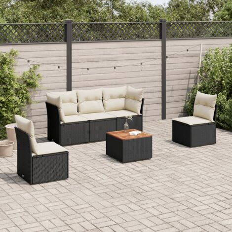 Gartenmöbelset 6 Teile mit Kissen schwarz Rattan