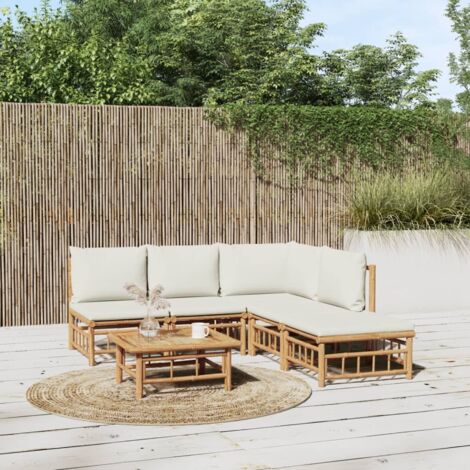 Gartenmöbelset 6 Teile mit weißen Creme-Kissen aus Bambus