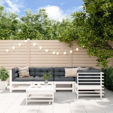 Gartenmöbelset 6 Teile mit weißen Kissen aus massivem Holz