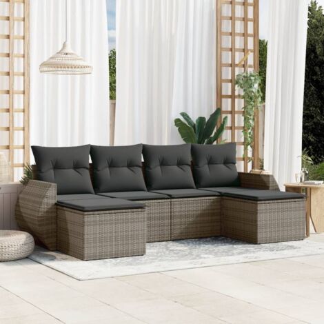 Gartenmöbelset 6-teilig mit grauen Kissen aus Geflecht