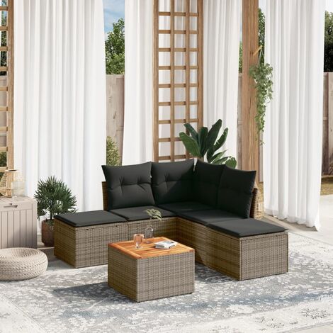 Gartenmöbelset 6-teilig mit grauen Kissen aus geflochtener Rattan