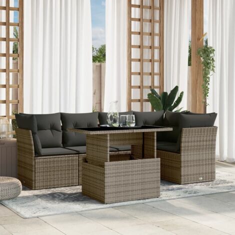 Gartenmöbelset 6-teilig mit grauen Kissen aus geflochtener Rattan