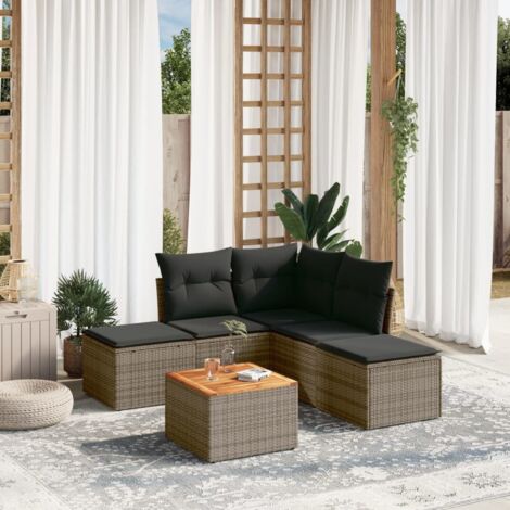 Gartenmöbelset 6-teilig mit grauen Kissen aus geflochtener Rattan