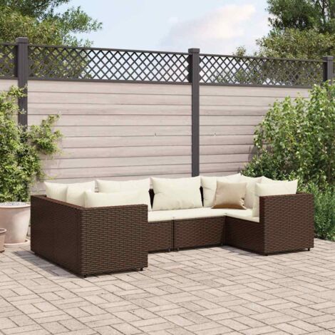 Gartenmöbelset 6 Teilig mit Kissen Braun Geflochtene Kunstfaser
