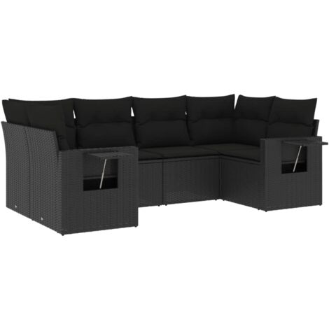 Gartenmöbelset 6 Teilig mit Kissen Schwarz aus Geflecht