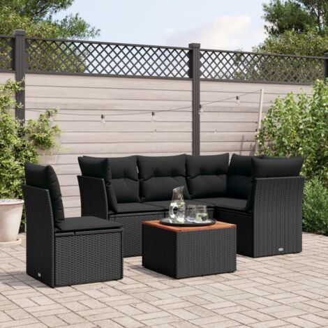 Gartenmöbelset 6-teilig mit Kissen schwarz Geflecht