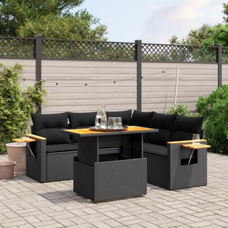 Gartenmöbelset 6-teilig mit Kissen Schwarz Geflecht