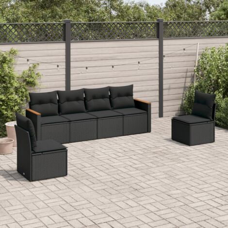 Gartenmöbelset 6-teilig mit Kissen Schwarz Geflochtene Rattan