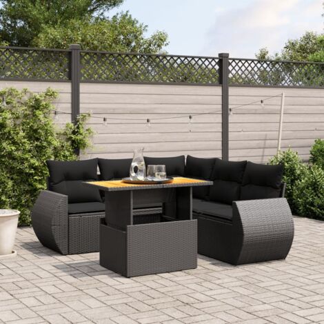 Gartenmöbelset 6-teilig mit Kissen Schwarz Geflochtene Rattan