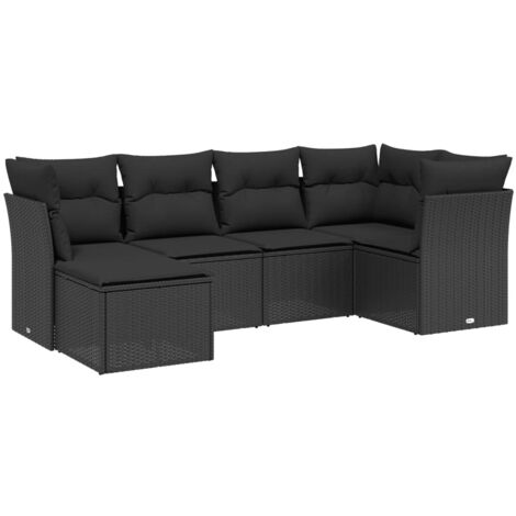 Gartenmöbelset 6-teilig mit Kissen Schwarz Geflochtene Rattan