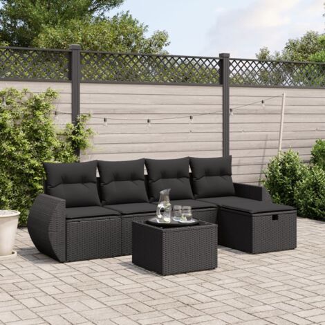 Gartenmöbelset 6-teilig mit schwarzen Polstern aus geflochtener Harz