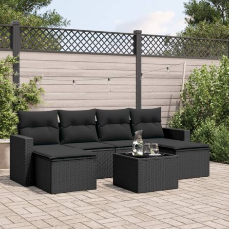 Gartenmöbelset 7 Stück mit Kissen schwarz geflochtenes Kunststoff