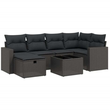 Gartenmöbelset 7 Teile mit Kissen Schwarz Geflecht