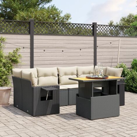 Gartenmöbelset 7 Teile mit Kissen Schwarz Geflochtene Kunststoffe