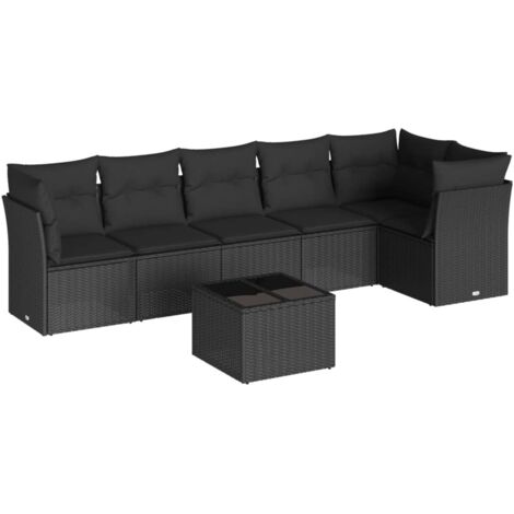 Gartenmöbelset 7 Teile mit Kissen Schwarz Geflochtene Polyester