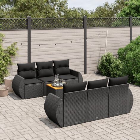 Gartenmöbelset 7 Teile mit Kissen Schwarz Geflochtene Rattan