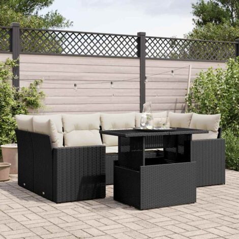 Gartenmöbelset 7 Teile mit Kissen Schwarz Kunststoffgeflecht