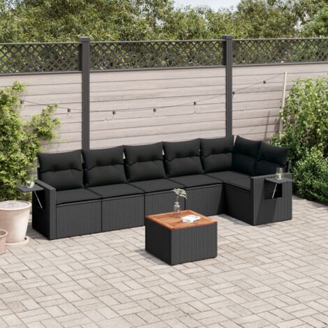 Gartenmöbelset 7 Teile mit Kissen Schwarz Rattan