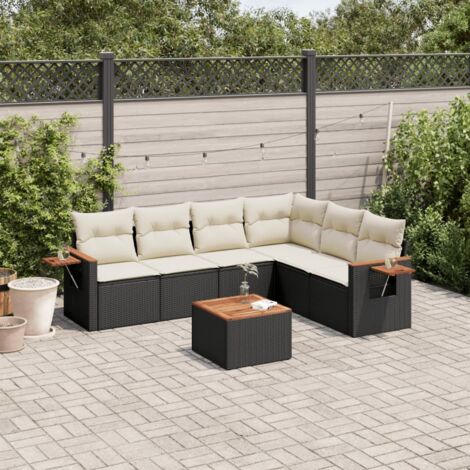 Gartenmöbelset 7 Teile mit Kissen Schwarz Rattangeflecht