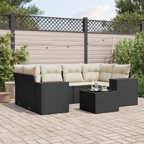 Gartenmöbelset 7 Teile mit Kissen Schwarz Rattangeflecht