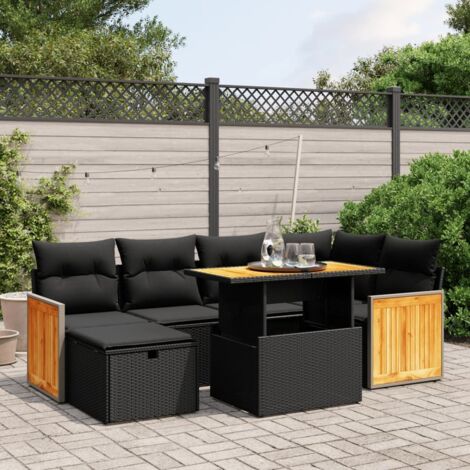 Gartenmöbelset 7-teilig mit Kissen Schwarz Geflecht