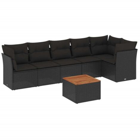 Gartenmöbelset 7-teilig mit Kissen Schwarz Geflecht