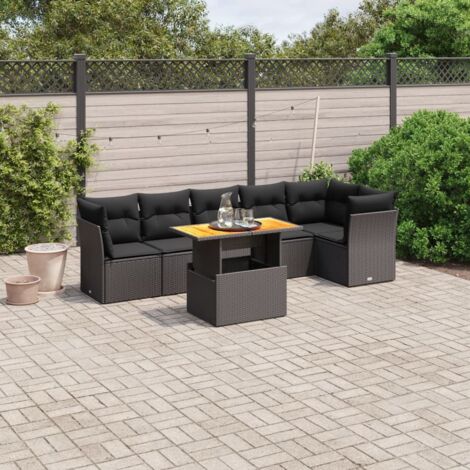 Gartenmöbelset 7-teilig mit Kissen Schwarz Geflecht