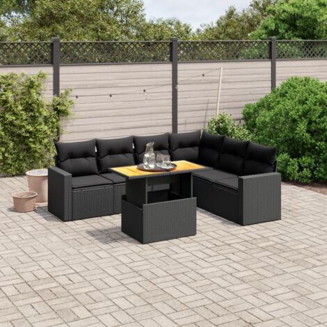 Gartenmöbelset 7-teilig mit Kissen Schwarz Geflecht