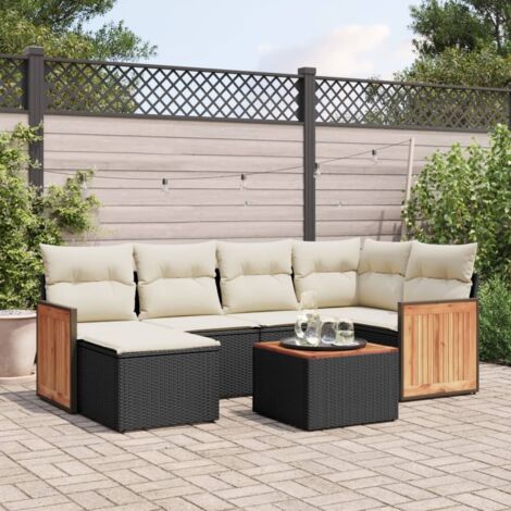 Gartenmöbelset 7-teilig mit Kissen Schwarz Geflecht