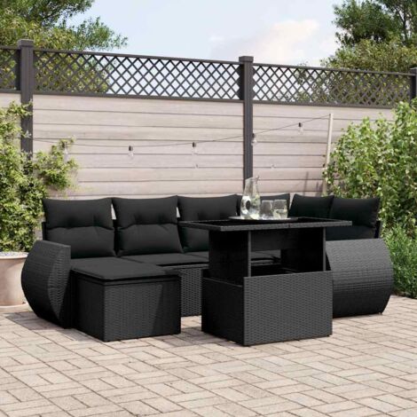 Gartenmöbelset 7-teilig mit Kissen Schwarz Geflecht