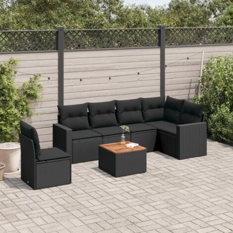 Gartenmöbelset 7-teilig mit Kissen Schwarz Geflecht