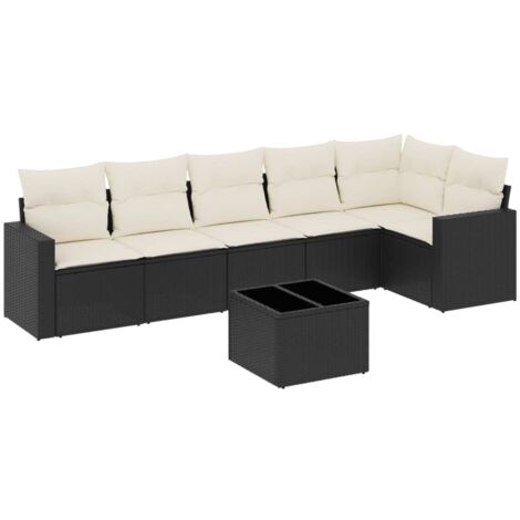 Gartenmöbelset 7-teilig mit Kissen Schwarz Geflecht