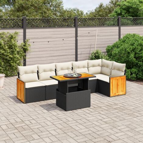 Gartenmöbelset 7-teilig mit Kissen Schwarz Geflecht
