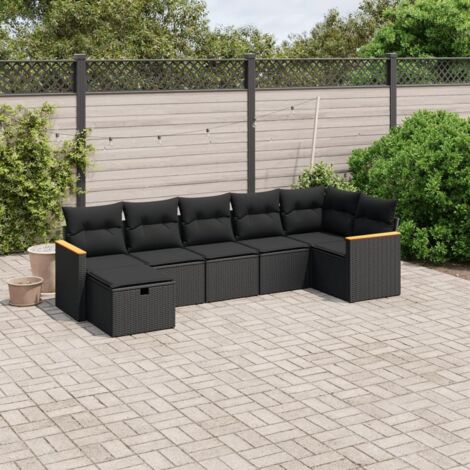 Gartenmöbelset 7-teilig mit Kissen Schwarz Geflecht