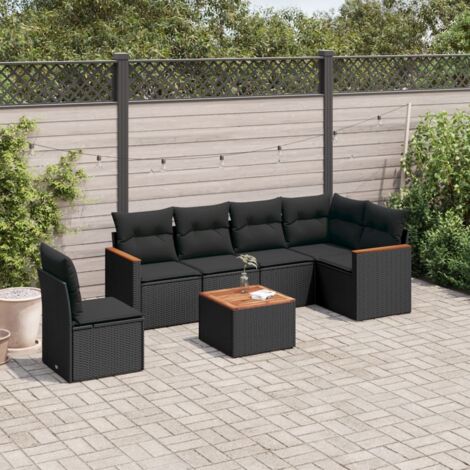 Gartenmöbelset 7 teilig mit Kissen Schwarz Geflochtene Kunstharz