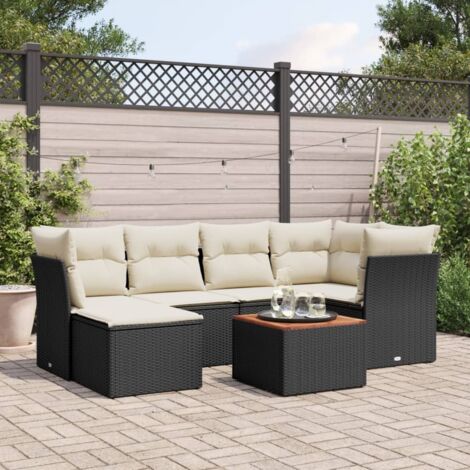 Gartenmöbelset 7-teilig mit Kissen Schwarz Geflochtene Rattan