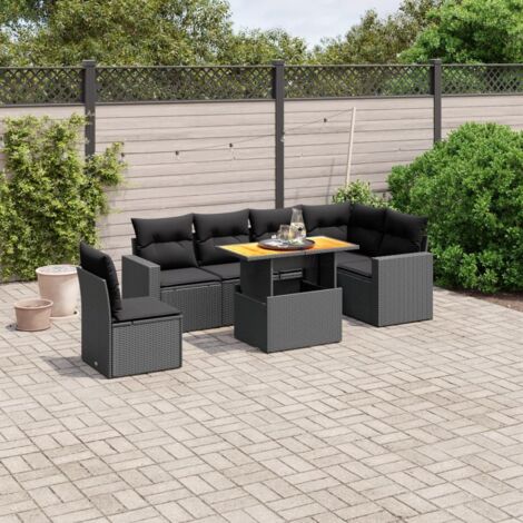 Gartenmöbelset 7-teilig mit Kissen Schwarz Geflochtene Rattan