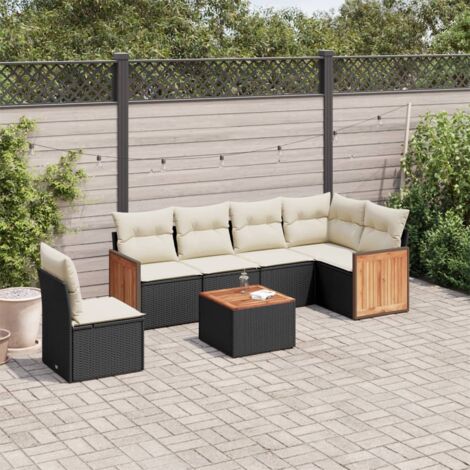 Gartenmöbelset 7-teilig mit Kissen schwarz Rattan